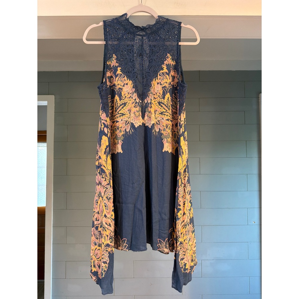 Intimately Free People Navy Blue Paisley Lace High Neck Sharkbite Tunic Top M